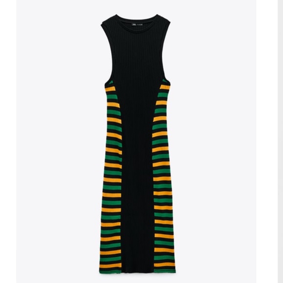 Zara striped black, green and orange ribbed sleeveless midi dress NWT - Picture 1 of 9